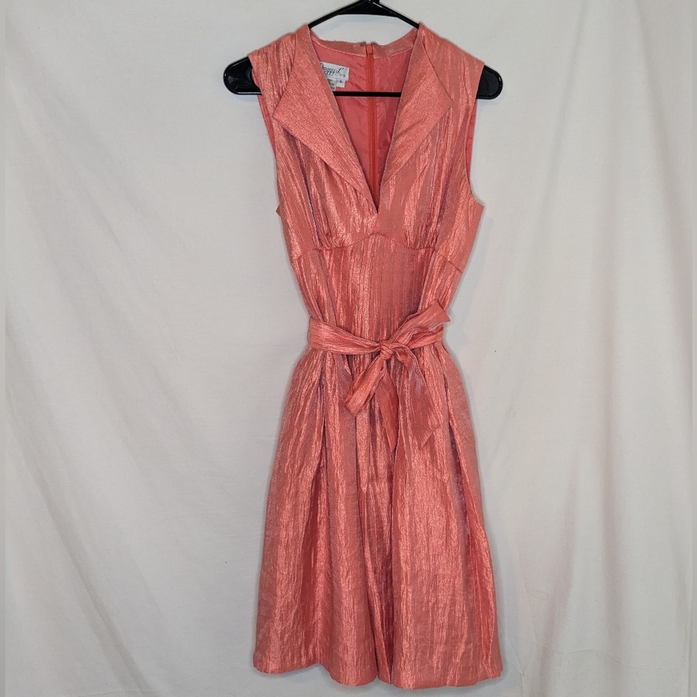 Maggie L Vintage Shimmery Peachy Pink Midi Dress with waist tie!